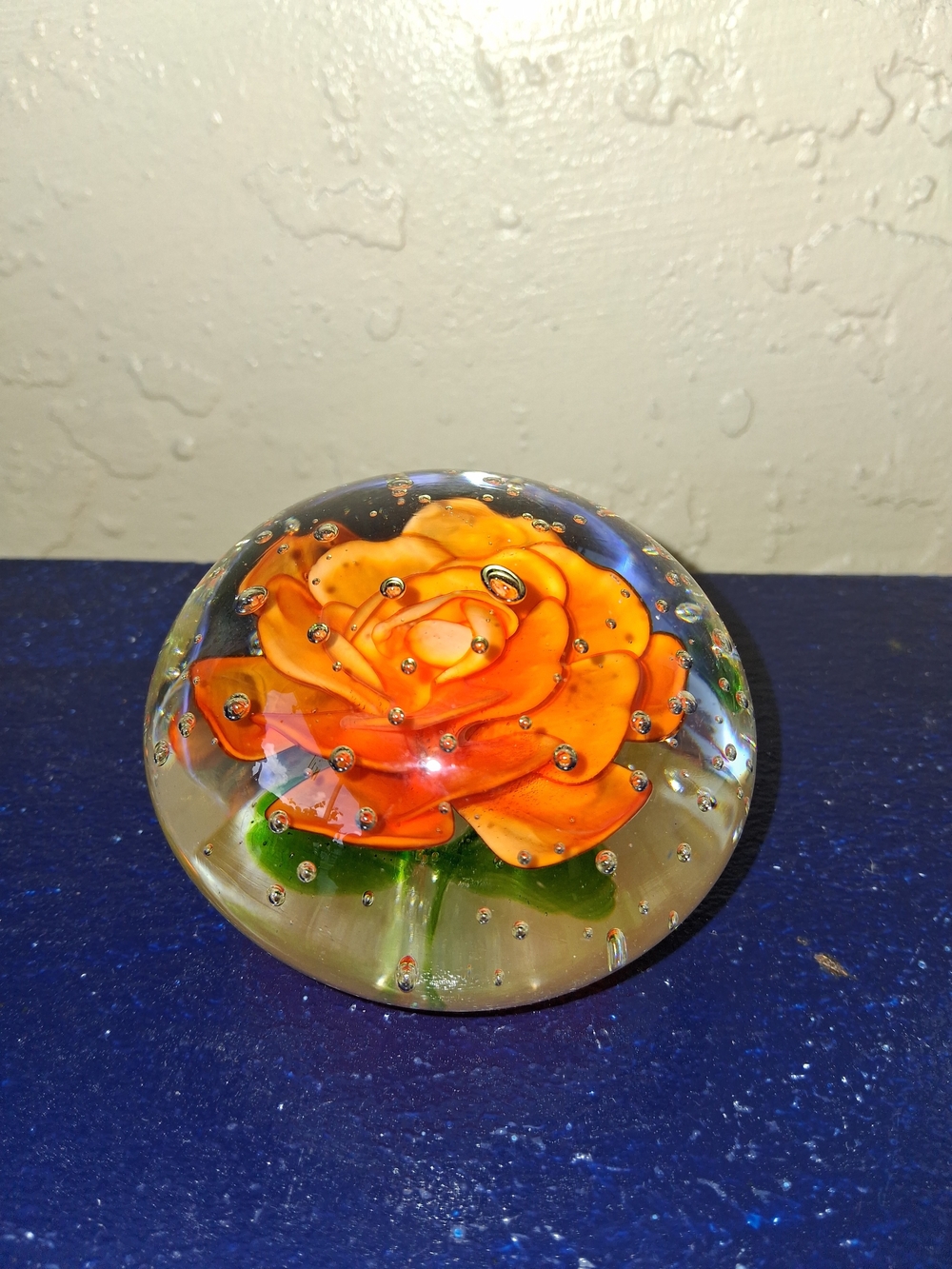 Hand-Blown Orange Glass Rose Paperweight